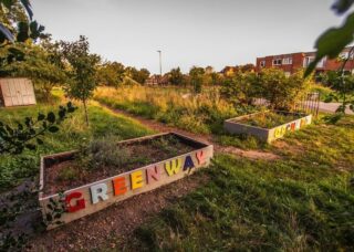 entry to greenway orchard - raised beds with large lettering